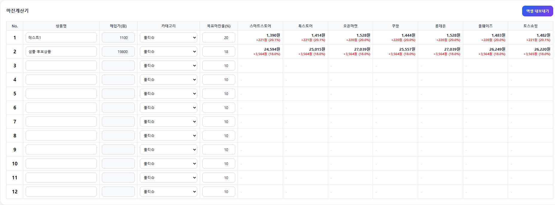 상품소싱 마진계산기 화면